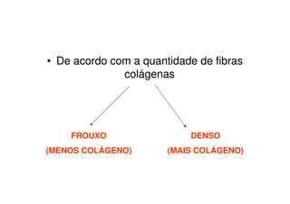 • De acordo com a quantidade de fibras
colágenas

FROUXO

DENSO

(MENOS COLÁGENO)

(MAIS COLÁGENO)

 