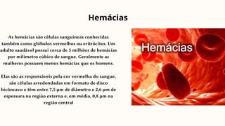 Hemácias
As hemácias são células sanguíneas conhecidas
também como glóbulos vermelhos ou eritrócitos. Um
adulto saudável possui cerca de 5 milhões de hemácias
por milímetro cúbico de sangue. Geralmente as
mulheres possuem menos hemácias que os homens.
Elas são as responsáveis pela cor vermelha do sangue,
são células arredondadas em formato de disco
bicôncavo e têm entre 7,5 µm de diâmetro e 2,6 µm de
espessura na região externa e, em média, 0,8 µm na
região central
 