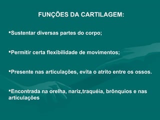 FUNÇÕES DA CARTILAGEM:
Sustentar diversas partes do corpo;
Permitir certa flexibilidade de movimentos;
Presente nas articulações, evita o atrito entre os ossos.
Encontrada na orelha, nariz,traquéia, brônquios e nas
articulações
 