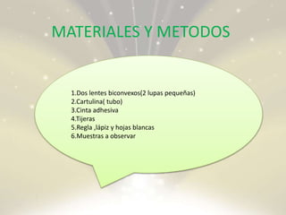 MATERIALES Y METODOS
1.Dos lentes biconvexos(2 lupas pequeñas)
2.Cartulina( tubo)
3.Cinta adhesiva
4.Tijeras
5.Regla ,lápiz y hojas blancas
6.Muestras a observar
 