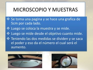 MICROSCOPIO Y MUESTRAS
 Se toma una pagina y se hace una grafica de
5cm por cada lado.
 Luego se coloca la muestra y se mide.
 Luego se mide desde el objetivo cuanto mide.
 Teniendo las dos medidas se dividen y se saca
el poder y eso da el número el cual será el
aumento.
 