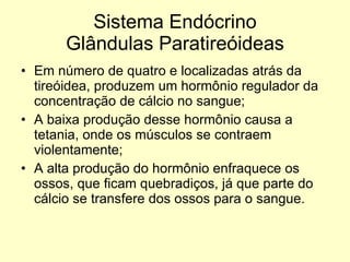 Sistema Endócrino Glândulas Paratireóideas Em número de quatro e localizadas atrás da tireóidea, produzem um hormônio regulador da concentração de cálcio no sangue; A baixa produção desse hormônio causa a tetania, onde os músculos se contraem violentamente; A alta produção do hormônio enfraquece os ossos, que ficam quebradiços, já que parte do cálcio se transfere dos ossos para o sangue. 