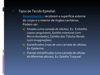Tipos de Tecido Epitelial: Revestimento:  recobrem a superfície externa do corpo e o interior de órgãos cavitários. Podem ser: Simples (uma camada de células). Ex:  Endotélio (vasos sanguíneos), Epitélio Intestinal (com Microvilosidades), Epitélio dos Túbulos Renais (com Invaginações). Estratificados (mais de uma camada de células). Ex: Epiderme. Pseudo-estratificados (uma camada de células de diferentes alturas). Ex: Epitélio Traqueal. 
