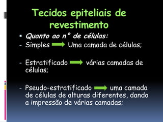 Tecidos epiteliais de
revestimento
 Quanto ao n° de células:
- Simples Uma camada de células;
- Estratificado várias camadas de
células;
- Pseudo-estratificado uma camada
de células de alturas diferentes, dando
a impressão de várias camadas;
 