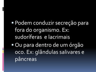  Podem conduzir secreção para
fora do organismo. Ex:
sudoríferas e lacrimais
 Ou para dentro de um órgão
oco. Ex: glândulas salivares e
pâncreas
 