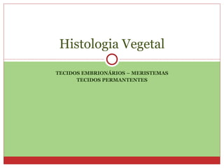 TECIDOS EMBRIONÁRIOS – MERISTEMAS TECIDOS PERMANTENTES Histologia Vegetal 