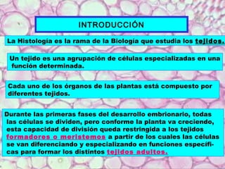 INTRODUCCIÓN 
La Histología es la rama de la Biología que estudia los tejidos. 
Un tejido es una agrupación de células esp...