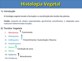 Histologia VegetalHistologia Vegetal
1) Introdução
A histologia vegetal estuda a formação e a constituição dos tecidos das plantas.
Tecido: conjunto de células especializadas, geralmente semelhantes, e adaptadas para
realizarem determinadas funções.
2) Tecidos Vegetais
I. Meristemas
II. Parênquima
III. Colênquima
IV. Esclerênquima
V. Floema
VI. Xilema
VII. Epiderme
VIII. Periderme
Crescimento
Preenchimento / Sustentação / Reserva
Condução de seiva
Revestimento
 