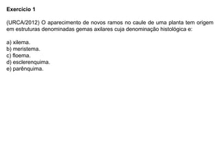 Exercício 1
(URCA/2012) O aparecimento de novos ramos no caule de uma planta tem origem
em estruturas denominadas gemas axilares cuja denominação histológica e:
a) xilema.
b) meristema.
c) floema.
d) esclerenquima.
e) parênquima.
 