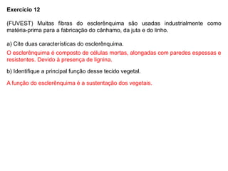 Exercício 12
(FUVEST) Muitas fibras do esclerênquima são usadas industrialmente como
matéria-prima para a fabricação do cânhamo, da juta e do linho.
a) Cite duas características do esclerênquima.
b) Identifique a principal função desse tecido vegetal.
O esclerênquima é composto de células mortas, alongadas com paredes espessas e
resistentes. Devido à presença de lignina.
A função do esclerênquima é a sustentação dos vegetais.
 
