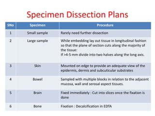 Specimen Dissection Plans
SNo Specimen Procedure
1 Small sample Rarely need further dissection
2 Large sample While embedding lay out tissue in longitudinal fashion
so that the plane of section cuts along the majority of
the tissue:
If >4-5 mm divide into two halves along the long axis.
3 Skin Mounted on edge to provide an adequate view of the
epidermis, dermis and subcuticular substrates
4 Bowel Sampled with multiple blocks in relation to the adjacent
mucosa, wall and serosal aspect tissues.
5 Brain Fixed immediately : Cut into slices once the fixation is
done
6 Bone Fixation : Decalcification in EDTA
 