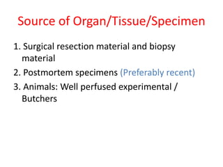 Source of Organ/Tissue/Specimen
1. Surgical resection material and biopsy
material
2. Postmortem specimens (Preferably recent)
3. Animals: Well perfused experimental /
Butchers
 