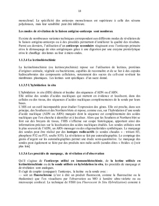 13
monoclonal. La spécificité des anticorps monoclonaux est supérieure à celle des sérums
polyclonaux, mais leur sensibilité peut être inférieure.
Les modes de révélation de la liaison antigène-anticorps sont nombreux
Il existe de nombreuses variantes techniques correspondant aux différents modes de révélation de
la liaison antigène-anticorps ou à des procédés permettant d’améliorer la qualité des résultats.
Parmi ces derniers, l’utilisation d’un anticorps secondaire réagissant avec l’anticorps primaire
et/ou le démasquage de sites antigéniques grâce à une digestion par une enzyme protéolytique
et/ou le chauffage des lames au four à micro-ondes.
1.1.3.4 La lectinohistochimie
La lectinohistochimie (ou lectinocytochimie) repose sur l’utilisation de lectines, protéines
d’originev animale, végétale ou bactérienne, capables de reconnaître et de se lier à des copules
hydrocarbonées des composants cellulaires, notamment des sucres du cell-coat revêtant les
membranes plasmiques. Les lectines sont spécifiques d’un sucre donné.
1.1.3.5 L’hybridation in situ
L’hybridation in situ (HIS) détecte et localise des séquences d’ADN ou d’ARN.
Elle utilise des sondes d’acides nucléiques qui mettent en évidence et localisent, dans des
cellules ou des tissus, des séquences d’acides nucléiques complémentaires de la sonde par leurs
bases.
L’HIS est un outil incomparable pour étudier l’expression des gènes. Elle est proche, dans son
principe, des Southern et des Northern blots et repose, comme eux, sur l’hybridation d’une sonde
d’acide nucléique (ADN ou ARN) marquée dont la séquence est complémentaire des acides
nucléiques que l’on cherche à identifier et à localiser. Alors que les Southern et Northern blot se
font sur des broyats de tissus, l’HIS s’effectue sur coupe histologique, apportant ainsi des
informations précises sur la localisation des acides nucléiques étudiés. Les sondes utilisées sont
le plus souvent de l’ADN, un ARN-messager ou des oligonucléotides synthétiques. Le marquage
des sondes peut être réalisé par des isotopes radio-actifs (« sondes chaudes » : tritium H3,
phosphore P32 ou P33, soufre S35). La révélation se fait par autoradiographie. Le comptage des
grains d’argent sur les autoradiographies permet une étude semi-quantitative. Le marquage des
sondes peut également se faire par des produits non radio-actifs (sondes dites « froides ») [voir
plus loin]
1.1.3.6 Les procédés de marquage, de révélation et d’observation
Qu’il s’agisse de l’anticorps utilisé en immunohistochimie, de la lectine utilisée en
lectinohistochimie ou de la sonde utilisée en hybridation in situ, les procédés de marquage et
de révélation sont analogues.
Il s’agit de coupler (conjuguer) l’anticorps, la lectine ou la sonde avec :
— soit un fluorochrome (c’est à dire un produit fluorescent, comme la fluorescéine ou la
rhodamine) que l’on visualisera par l’observation au MO à lumière ultra-violette ou au
microscope confocal. La technique de FISH (ou Fluorescent In Situ Hybridization) consiste à
 