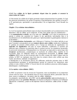 18
1.2.4.2 Les cellules de la lignée germinale siègent dans les gonades et assurent la
conservation de l’espèce
A l’état normal, les cellules de la lignée germinale siègent uniquement dans les gonades. Il s’agit
des gonocytes primordiaux, des gonies (ovogonies et spermatogonies), des gamètes (ovocytes I
et II, spermatocytes, spermatides et spermatozoïdes). On en rapprochera l’oeuf fécondé (ou
zygote).
Chapitre 2 Les relations intercellulaires
La vie d’un organisme pluricellulaire repose de façon incontournable sur la communication et les
interactions entre les cellules qui le composent. Il existe deux grands types de communication :
1) la communication verticale, qui n’est autre que l’hérédité, c’est à dire la transmission de
parents à enfants des caractères de l’espèce et des spécificités individuelles liées à la
recombinaison et à la redistribution des gènes qui s’opèrent pendant la gamétogénèse (méiose) et
la fécondation ;
2) les communications horizontales, qui s’effectuent à l’intérieur d’un même individu et qui,
pour l’essentiel, correspondent soit aux contacts directs entre cellules (molécules d’adhérence
et systèmes de jonction cellule-cellule), soit à l’action de molécules de signalisation. Les
molécules de signalisation sont plus ou moins diffusibles, synthétisées et sécrétées par
différents types cellulaires (en particulier dans le système nerveux, les régulations hormonales,
les processus immunitaires, l’hématopoïèse) et se lient après un trajet plus ou moins long à des
récepteurs membranaires, cytoplasmiques ou nucléaires de cellules-cibles, capables de les
reconnaître. Dans ces différents modes de communication horizontale, la matrice extra-
cellulaire (MEC) joue un rôle de premier plan. En effet, comme elle emplit l’espace entre les
cellules, la MEC est impliquée aussi bien dans les contacts directs entre cellules que dans
l’action des diverses molécules de signalisation.
L’identification et la localisation précise des différentes molécules présentes dans la MEC
(essentiellement protéiques et glycoprotéiques) permet de concevoir les interactions entre
cellules et entre cellules et MEC, à l’oeuvre dans de très nombreux processus embryologiques,
physiologiques et pathologiques.
2.1 La matrice extra-cellulaire (MEC)
La MEC est présente à tous les niveaux de l’organisme, mais son abondance et sa composition
varient selon les tissus : très abondante dans les tissus conjonctifs lâches, particulière dans les
tissus osseux et cartilagineux, très pauvre entre les cellules épithéliales.
Les principales macromolécules de la MEC sont des polysaccharides (glycosaminoglycanes et
protéoglycanes) et des protéines fibreuses, de structure (collagènes et élastine) ou d’adhérence
(fibronectine et laminine), jouant un rôle important dans les interactions cellule-cellule et cellule-
MEC.
 