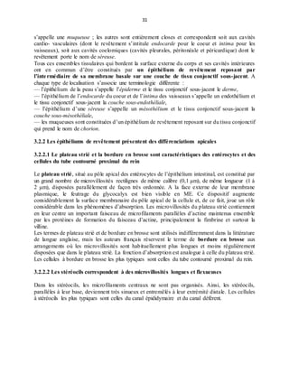 31
s’appelle une muqueuse ; les autres sont entièrement closes et correspondent soit aux cavités
cardio- vasculaires (dont le revêtement s’intitule endocarde pour le coeur et intima pour les
vaisseaux), soit aux cavités coelomiques (cavités pleurales, péritonéale et péricardique) dont le
revêtement porte le nom de séreuse.
Tous ces ensembles tissulaires qui bordent la surface externe du corps et ses cavités intérieures
ont en commun d’être constitués par un épithélium de revêtement reposant par
l’intermédiaire de sa membrane basale sur une couche de tissu conjonctif sous-jacent. A
chaque type de localisation s’associe une terminologie différente :
— l’épithélium de la peau s’appelle l’épiderme et le tissu conjonctif sous-jacent le derme,
— l’épithélium de l’endocarde du coeur et de l’intima des vaisseaux s’appelle un endothélium et
le tissu conjonctif sous-jacent la couche sous-endothéliale,
— l’épithélium d’une séreuse s’appelle un mésothélium et le tissu conjonctif sous-jacent la
couche sous-mésothéliale,
— les muqueuses sont constituées d’un épithélium de revêtement reposant sur du tissu conjonctif
qui prend le nom de chorion.
3.2.2 Les épithéliums de revêtement présentent des différenciations apicales
3.2.2.1 Le plateau strié et la bordure en brosse sont caractéristiques des entérocytes et des
cellules du tube contourné proximal du rein
Le plateau strié, situé au pôle apical des entérocytes de l’épithélium intestinal, est constitué par
un grand nombre de microvillosités rectilignes de même calibre (0,1 μm), de même longueur (1 à
2 μm), disposées parallèlement de façon très ordonnée. A la face externe de leur membrane
plasmique, le feutrage du glycocalyx est bien visible en ME. Ce dispositif augmente
considérablement la surface membranaire du pôle apical de la cellule et, de ce fait, joue un rôle
considérable dans les phénomènes d’absorption. Les microvillosités du plateau strié contiennent
en leur centre un important faisceau de microfilaments parallèles d’actine maintenus ensemble
par les protéines de formation du faisceau d’actine, principalement la fimbrine et surtout la
villine.
Les termes de plateau strié et de bordure en brosse sont utilisés indifféremment dans la littérature
de langue anglaise, mais les auteurs français réservent le terme de bordure en brosse aux
arrangements où les microvillosités sont habituellement plus longues et moins régulièrement
disposées que dans le plateau strié. La fonction d’absorption est analogue à celle du plateau strié.
Les cellules à bordure en brosse les plus typiques sont celles du tube contourné proximal du rein.
3.2.2.2 Les stéréocils correspondent à des microvillosités longues et flexueuses
Dans les stéréocils, les microfilaments centraux ne sont pas organisés. Ainsi, les stéréocils,
parallèles à leur base, deviennent très sinueux et entremêlés à leur extrémité distale. Les cellules
à stéréocils les plus typiques sont celles du canal épididymaire et du canal déférent.
 