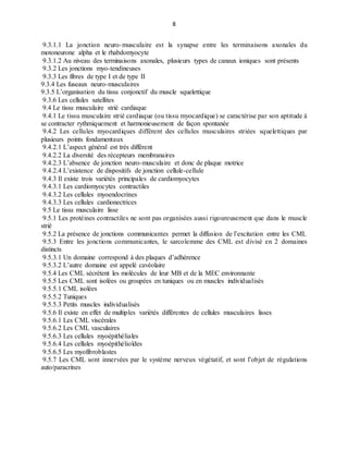 8
9.3.1.1 La jonction neuro-musculaire est la synapse entre les terminaisons axonales du
motoneurone alpha et le rhabdomyocyte
9.3.1.2 Au niveau des terminaisons axonales, plusieurs types de canaux ioniques sont présents
9.3.2 Les jonctions myo-tendineuses
9.3.3 Les fibres de type I et de type II
9.3.4 Les fuseaux neuro-musculaires
9.3.5 L’organisation du tissu conjonctif du muscle squelettique
9.3.6 Les cellules satellites
9.4 Le tissu musculaire strié cardiaque
9.4.1 Le tissu musculaire strié cardiaque (ou tissu myocardique) se caractérise par son aptitude à
se contracter rythmiquement et harmonieusement de façon spontanée
9.4.2 Les cellules myocardiques diffèrent des cellules musculaires striées squelettiques par
plusieurs points fondamentaux
9.4.2.1 L’aspect général est très différent
9.4.2.2 La diversité des récepteurs membranaires
9.4.2.3 L’absence de jonction neuro-musculaire et donc de plaque motrice
9.4.2.4 L’existence de dispositifs de jonction cellule-cellule
9.4.3 Il existe trois variétés principales de cardiomyocytes
9.4.3.1 Les cardiomyocytes contractiles
9.4.3.2 Les cellules myoendocrines
9.4.3.3 Les cellules cardionectrices
9.5 Le tissu musculaire lisse
9.5.1 Les protéines contractiles ne sont pas organisées aussi rigoureusement que dans le muscle
strié
9.5.2 La présence de jonctions communicantes permet la diffusion de l’excitation entre les CML
9.5.3 Entre les jonctions communicantes, le sarcolemme des CML est divisé en 2 domaines
distincts
9.5.3.1 Un domaine correspond à des plaques d’adhérence
9.5.3.2 L’autre domaine est appelé cavéolaire
9.5.4 Les CML sécrètent les molécules de leur MB et de la MEC environnante
9.5.5 Les CML sont isolées ou groupées en tuniques ou en muscles individualisés
9.5.5.1 CML isolées
9.5.5.2 Tuniques
9.5.5.3 Petits muscles individualisés
9.5.6 Il existe en effet de multiples variétés différentes de cellules musculaires lisses
9.5.6.1 Les CML viscérales
9.5.6.2 Les CML vasculaires
9.5.6.3 Les cellules myoépithéliales
9.5.6.4 Les cellules myoépithélioïdes
9.5.6.5 Les myofibroblastes
9.5.7 Les CML sont innervées par le système nerveux végétatif, et sont l’objet de régulations
auto/paracrines
 