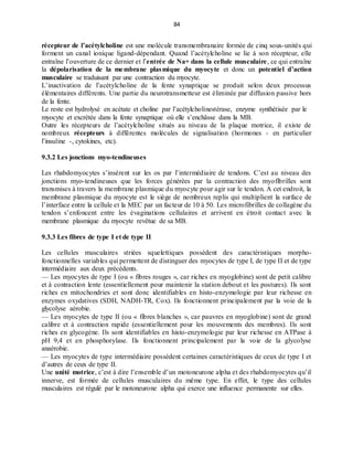 84
récepteur de l’acétylcholine est une molécule transmembranaire formée de cinq sous-unités qui
forment un canal ionique ligand-dépendant. Quand l’acétylcholine se lie à son récepteur, elle
entraîne l’ouverture de ce dernier et l’entrée de Na+ dans la cellule musculaire, ce qui entraîne
la dépolarisation de la membrane plasmique du myocyte et donc un potentiel d’action
musculaire se traduisant par une contraction du myocyte.
L’inactivation de l’acétylcholine de la fente synaptique se produit selon deux processus
élémentaires différents. Une partie du neurotransmetteur est éliminée par diffusion passive hors
de la fente.
Le reste est hydrolysé en acétate et choline par l’acétylcholinestérase, enzyme synthétisée par le
myocyte et excrétée dans la fente synaptique où elle s’enchâsse dans la MB.
Outre les récepteurs de l’acétylcholine situés au niveau de la plaque motrice, il existe de
nombreux récepteurs à différentes molécules de signalisation (hormones - en particulier
l’insuline -, cytokines, etc).
9.3.2 Les jonctions myo-tendineuses
Les rhabdomyocytes s’insèrent sur les os par l’intermédiaire de tendons. C’est au niveau des
jonctions myo-tendineuses que les forces générées par la contraction des myofibrilles sont
transmises à travers la membrane plasmique du myocyte pour agir sur le tendon. A cet endroit, la
membrane plasmique du myocyte est le siège de nombreux replis qui multiplient la surface de
l’interface entre la cellule et la MEC par un facteur de 10 à 50. Les microfibrilles de collagène du
tendon s’enfoncent entre les évaginations cellulaires et arrivent en étroit contact avec la
membrane plasmique du myocyte revêtue de sa MB.
9.3.3 Les fibres de type I et de type II
Les cellules musculaires striées squelettiques possèdent des caractéristiques morpho-
fonctionnelles variables qui permettent de distinguer des myocytes de type I, de type II et de type
intermédiaire aux deux précédents.
— Les myocytes de type I (ou « fibres rouges », car riches en myoglobine) sont de petit calibre
et à contraction lente (essentiellement pour maintenir la station debout et les postures). Ils sont
riches en mitochondries et sont donc identifiables en histo-enzymologie par leur richesse en
enzymes oxydatives (SDH, NADH-TR, Cox). Ils fonctionnent principalement par la voie de la
glycolyse aérobie.
— Les myocytes de type II (ou « fibres blanches », car pauvres en myoglobine) sont de grand
calibre et à contraction rapide (essentiellement pour les mouvements des membres). Ils sont
riches en glycogène. Ils sont identifiables en histo-enzymologie par leur richesse en ATPase à
pH 9,4 et en phosphorylase. Ils fonctionnent principalement par la voie de la glycolyse
anaérobie.
— Les myocytes de type intermédiaire possèdent certaines caractéristiques de ceux de type I et
d’autres de ceux de type II.
Une unité motrice, c’est à dire l’ensemble d’un motoneurone alpha et des rhabdomyocytes qu’il
innerve, est formée de cellules musculaires du même type. En effet, le type des cellules
musculaires est régulé par le motoneurone alpha qui exerce une influence permanente sur elles.
 