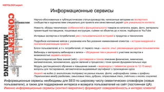 Информационные сервисы
Научно-обоснованные и публицистические статьи-руководства, написанные авторами из экспертного
сообщества и журналистами специально для проекта или качественный рерайт для уникальности контента
Интервью экспертов и потребителей уже с пользовательской историей о продуктах и технологиях
Информационные сервисы необходимы для SEO по широкому числу семантических словоформ (новые
пользователи), а также для поддержания интереса и возврата пользователей на сайт (постоянная ЦА).
Именно информационные сервисы (контент-маркетинг) формируют осведомлённость и интерес клиента!
Подробное изложение кейсов с указанием или без указания наименований клиентов – истории внедрений и
поэтапной реализации проекта
Новости, обзоры технических особенностей и функциональности товаров из каталога, видео, фото, материалы
презентаций поставщиков, пошаговые инструкции, съёмки на объектах до и после, подборка из YouTube
Блоги пользователей, в т.ч. потребителей, от первого лица – мысли, опыт, рекомендации другим пользователям
Вебинары и материалы вебинаров в записи – обсуждение тем и решений с участием экспертов и
возможностью задавать вопросы
Энциклопедическая база знаний (wiki) – достоверное и точное описание физических, химических,
математических, экономических, других явлений и процессов с точки зрения фундаментальных наук
Модуль дистанционного обучения и повышения знаний – видеокурсы с таймингом уроков по 12-15 минут,
вопросы для тестирования, автоматически выдаваемый сертификат о прохождении курса
Акцент на видео (с английскими титрами) на разных языках, фото, инфографика, схемы и графики.
Перелинковка между разделами, смысловые теги, рубрики, отраслевые теги, счётчики и кнопки соцсетей
HISTOLOGY.expert
 