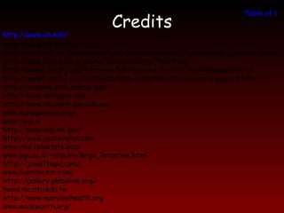 Table of Con
                              Credits
http://www.uh.edu/
http://www.medicinenet.com
http://www.bbc.co.uk/science/humanbody/body/factfiles/skeleton_anatomy.shtml
http://www.ama-assn.org/ama/pub/category/7169.html
http://www3.umdnj.edu/histsweb/lab6/cardiacmuscle/cmarrangement.html
http://www3.umdnj.edu/histsweb/lab6/smoothmuscle/smcarrangement.html
http://training.seer.cancer.gov/
http://www.deltagen.com
http://www.lab.anhb.uwa.edu.au/
www.massgeneral.org/
www.rivm.nl
http://www.nlm.nih.gov/
http://www.yeatsvision.com
www.vivo.colostate.edu/
www.bgu.ac.il/~shaulm/large_intestine.html
http://janis7hepc.com/
www.liverdoctor.com/
http://gallery.globalink.org/
home.mc.ntu.edu.tw
http://www.mainlinehealth.org
www.wadsworth.org/
 