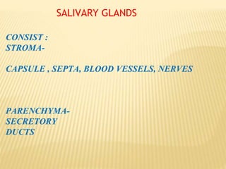 SALIVARY GLANDS
CONSIST :
STROMA-
CAPSULE , SEPTA, BLOOD VESSELS, NERVES
PARENCHYMA-
SECRETORY
DUCTS
 