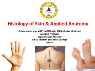 Histology of Skin & Applied Anatomy
Dr Mathew Joseph MBBS, MD(AIIMS), BCC(Palliative Medicine)
Assistant Professor
Department of Anatomy
Amala Institute of Medical Sciences
Thrissur
 