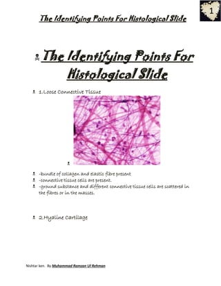 The Identifying Points For Histological Slide 
Nishtar ken. By Muhammad Ramzan Ul Rehman 
1 
 The Identifying Points For Histological Slide  1.Loose Connective Tissue   -bundle of collagen and elastic fibre present  -connective tissue cells are present.  -ground substance and different connective tissue cells are scattered in the fibres or in the masses.  2.Hyaline Cartilage  