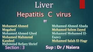 Liver
Hepatitis C virus
BY
Section : 3 Sup : Dr / Naiera
Mohamed Ahmed Abada
Mohamed Salem Zayed
Mohamed Mohamed El-
Esawy
Mohamed Salah El-Hagr
Mohamed Ahmed
Mogahed
Mohamed Ahmed Ghed
Mohamed Mahmoud
Kandeel
Mahmoud Refaey Shrief
 