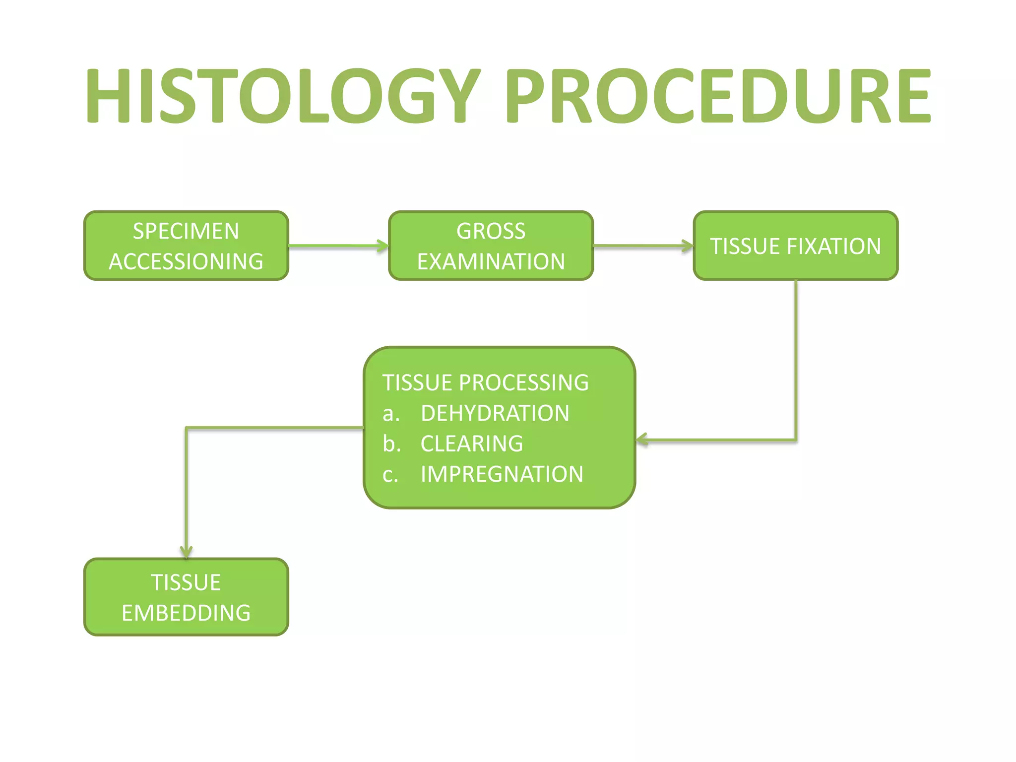 HISTOLOGY PROCEDURESPECIMEN ACCESSIONINGTISSUE FIXATIONGROSS EXAMINATIONTISSUE PROCESSINGDEHYDRATIONCLEARINGIMPREGNATION TISSUE EMBEDDING