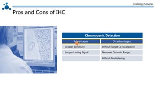 Histology Services
Chromogenic Detection
Advantages
Greater Sensitivity
Longer Lasting Signal
Disadvantages
Difficult Target Co-localization
Difficult Multiplexing
Narrower Dynamic Range
Pros and Cons of IHC
 