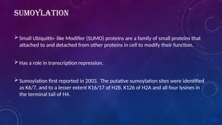 SUMOYLATION
Small Ubiquitin- like Modifier (SUMO) proteins are a family of small proteins that
attached to and detached from other proteins in cell to modify their function.
Has a role in transcription repression.
Sumoylation first reported in 2003. The putative sumoylation sites were identified
as K6/7, and to a lesser extent K16/17 of H2B, K126 of H2A and all four lysines in
the terminal tail of H4.
 