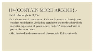 H4{CONTAIN MORE ARGINE}:-
◦ Molecular weight is 11,236.
◦ It is the structural component of the nucleosome and is subject to
covalent modification , including acetylation and methylation which
may alter expression of genes located on DNA associated with its
parent histone octamer.
◦ Also involved in the structure of chromatin in Eukaryotic cells.
 