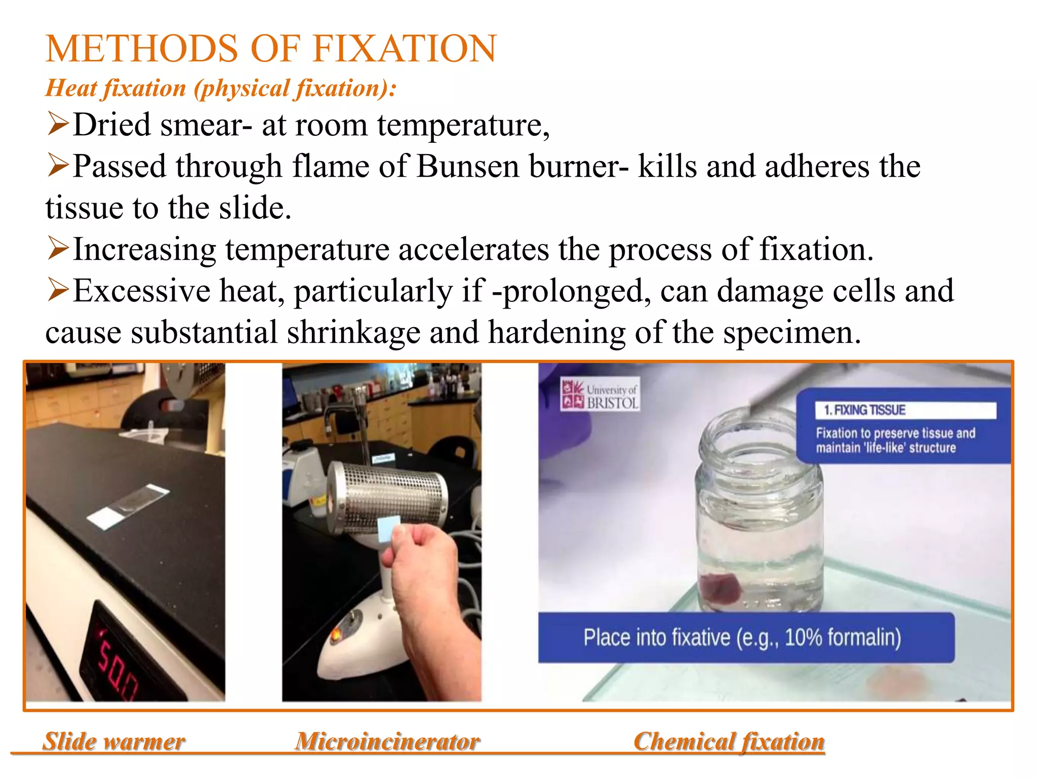 METHODS OF FIXATION
Heat fixation (physical fixation):
Dried smear- at room temperature,
Passed through flame of Bunsen burner- kills and adheres the
tissue to the slide.
Increasing temperature accelerates the process of fixation.
Excessive heat, particularly if -prolonged, can damage cells and
cause substantial shrinkage and hardening of the specimen.
Slide warmer Microincinerator Chemical fixation
 