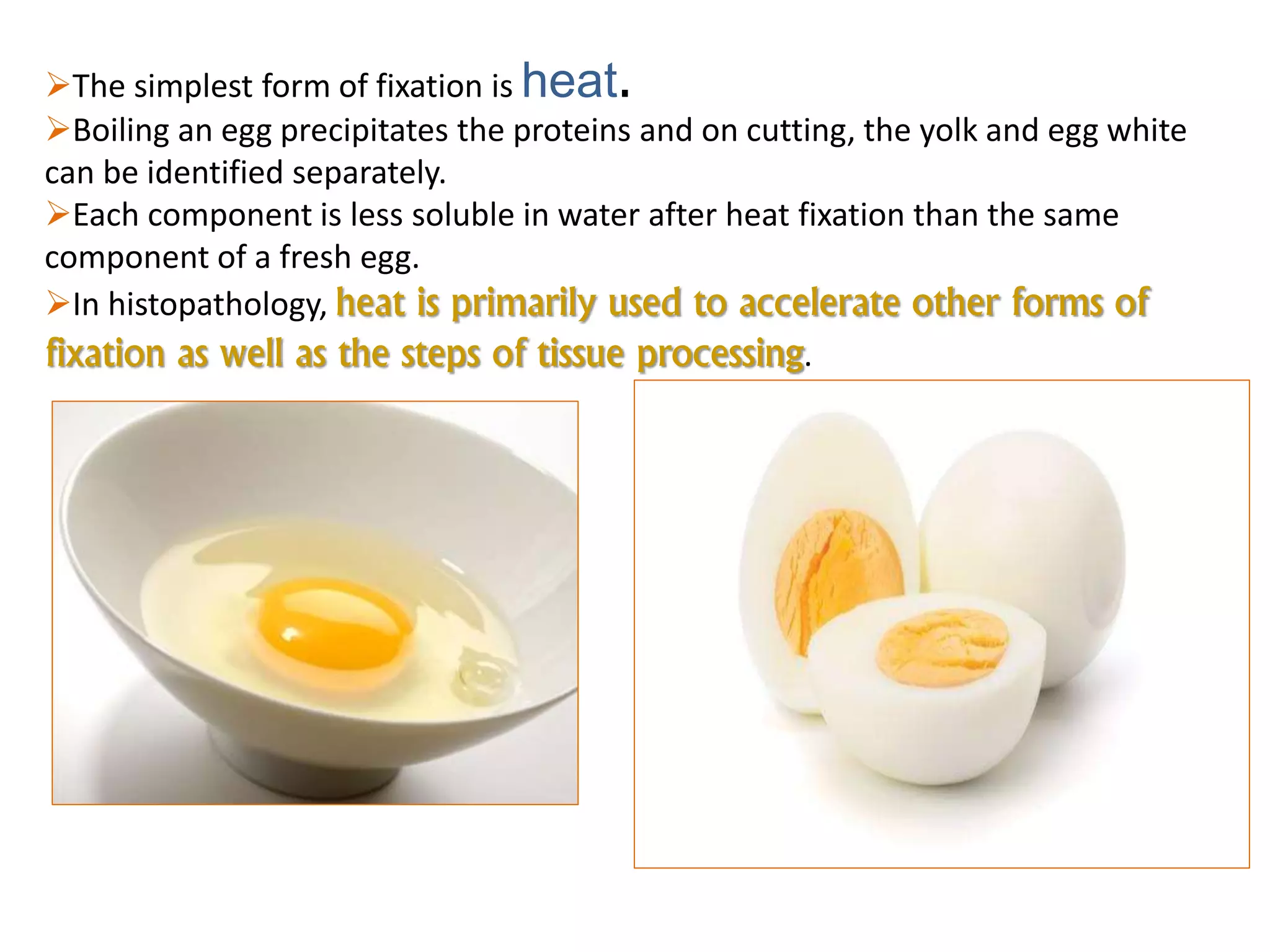 The simplest form of fixation is heat.
Boiling an egg precipitates the proteins and on cutting, the yolk and egg white
can be identified separately.
Each component is less soluble in water after heat fixation than the same
component of a fresh egg.
In histopathology, heat is primarily used to accelerate other forms of
fixation as well as the steps of tissue processing.
 