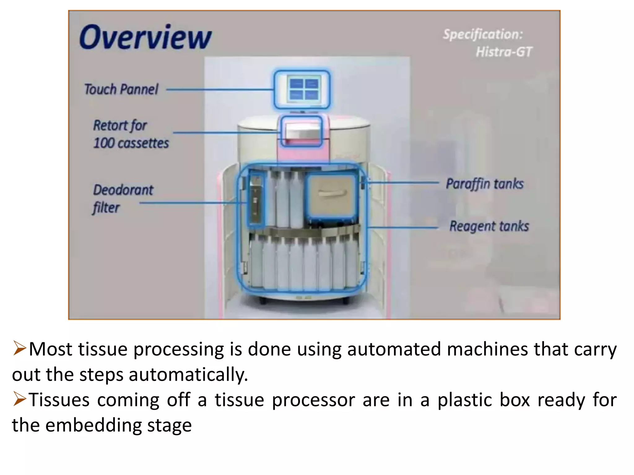 Most tissue processing is done using automated machines that carry
out the steps automatically.
Tissues coming off a tissue processor are in a plastic box ready for
the embedding stage
 