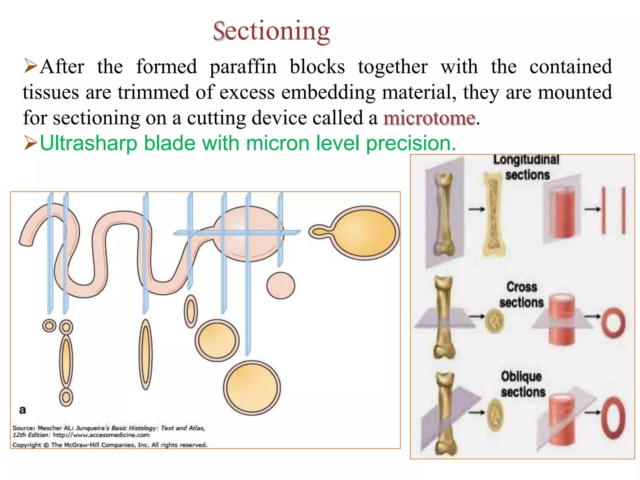 After the formed paraffin blocks together with the contained
tissues are trimmed of excess embedding material, they are mounted
for sectioning on a cutting device called a microtome.
Ultrasharp blade with micron level precision.
Sectioning
 