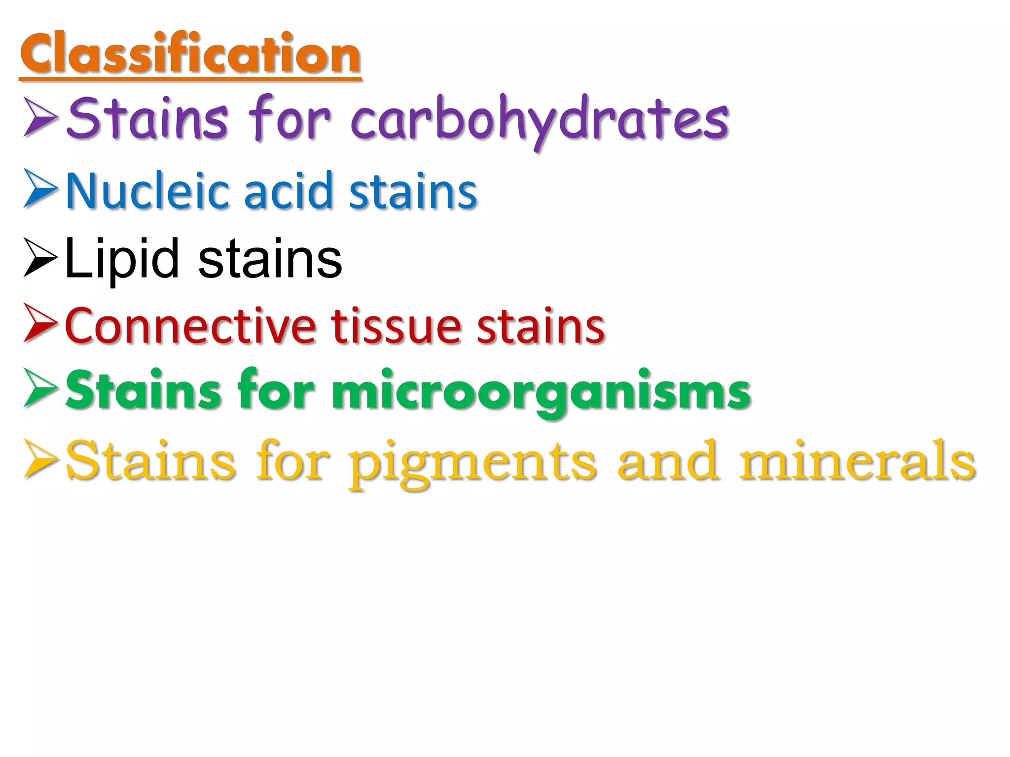 Classification
Stains for carbohydrates
Nucleic acid stains
Lipid stains
Connective tissue stains
Stains for microorganisms
Stains for pigments and minerals
 