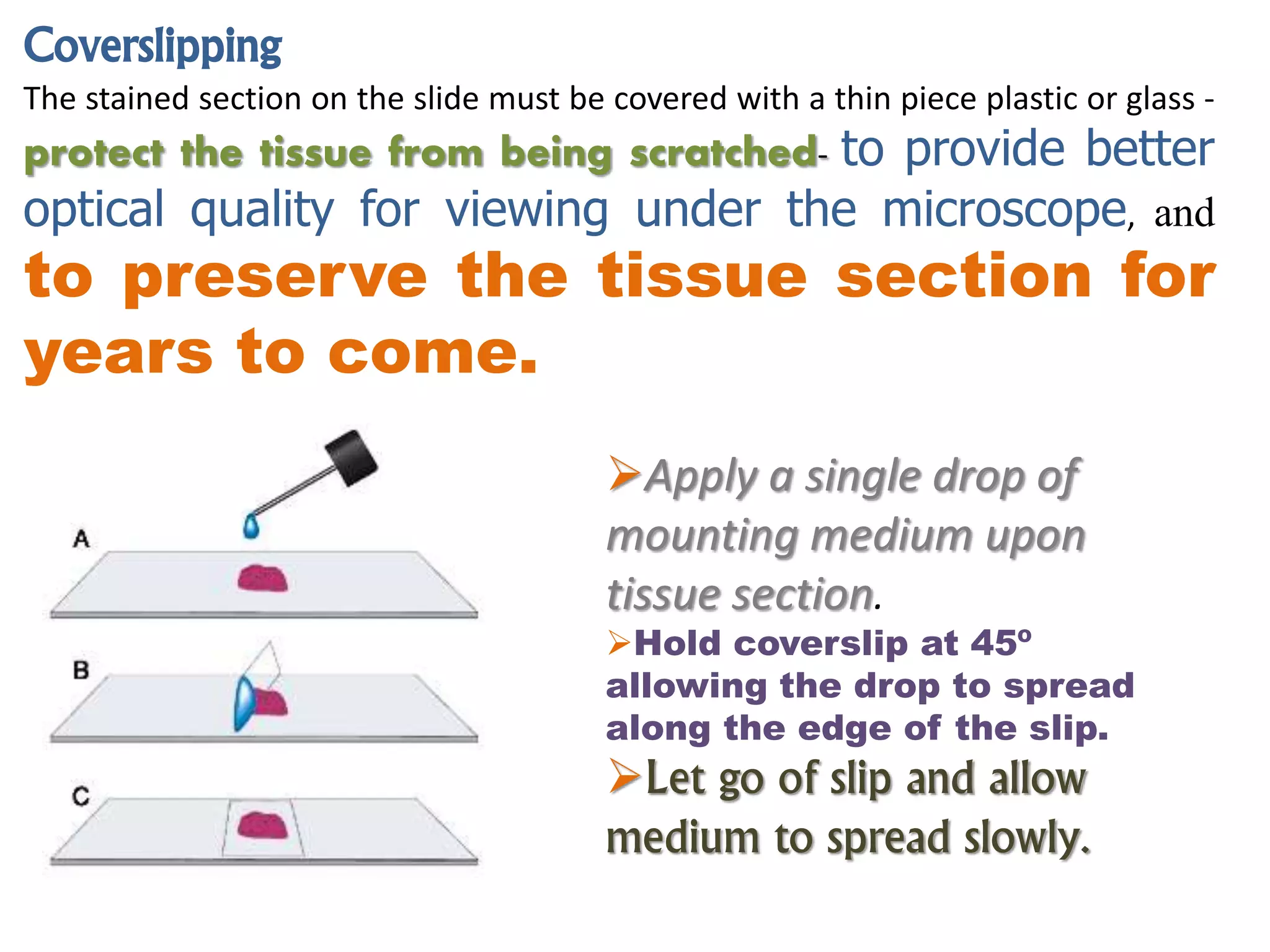 Coverslipping
The stained section on the slide must be covered with a thin piece plastic or glass -
protect the tissue from being scratched- to provide better
optical quality for viewing under the microscope, and
to preserve the tissue section for
years to come.
Apply a single drop of
mounting medium upon
tissue section.
Hold coverslip at 45º
allowing the drop to spread
along the edge of the slip.
Let go of slip and allow
medium to spread slowly.
 