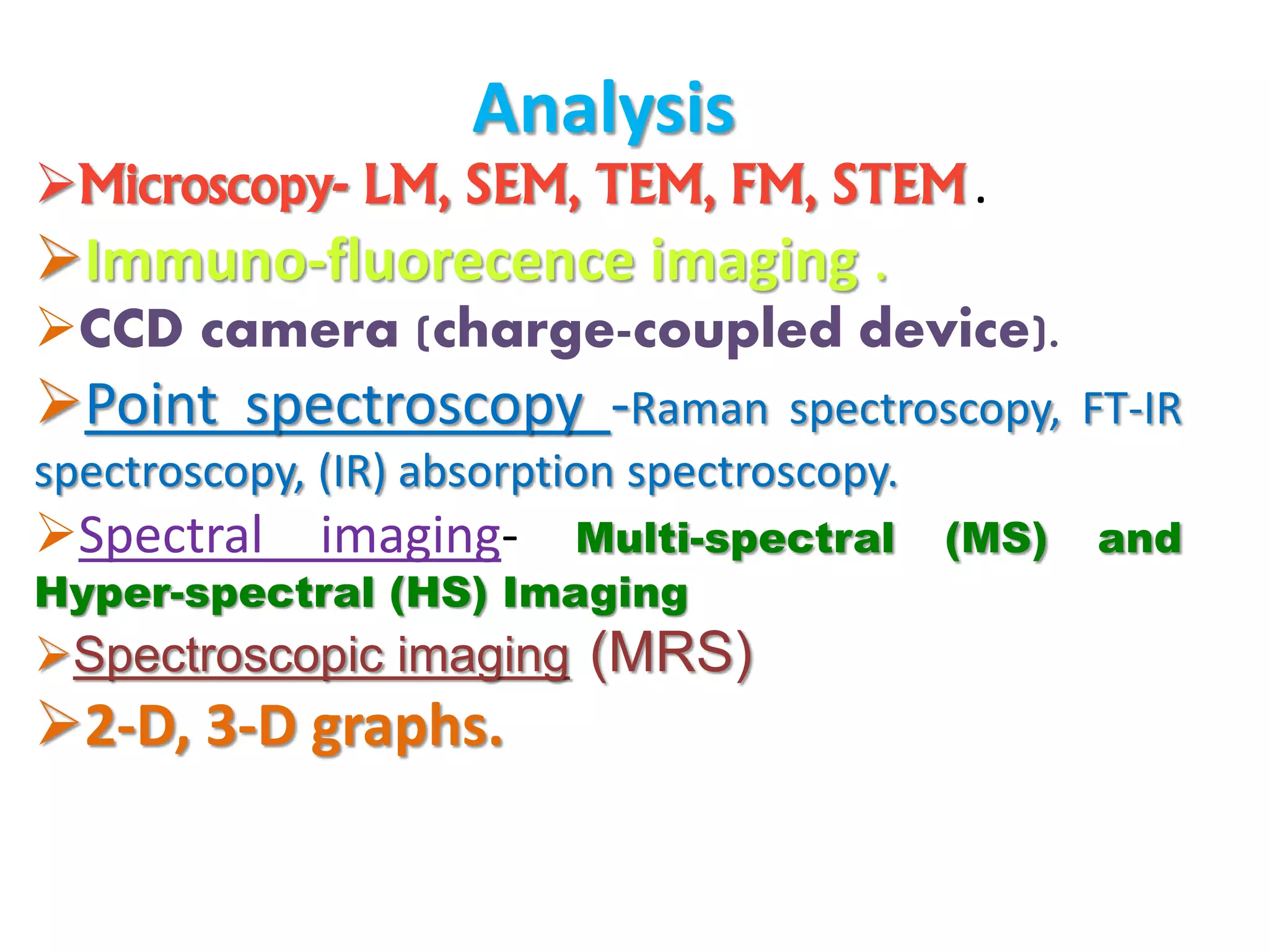 Analysis
Microscopy- LM, SEM, TEM, FM, STEM .
Immuno-fluorecence imaging .
CCD camera (charge-coupled device).
Point spectroscopy -Raman spectroscopy, FT-IR
spectroscopy, (IR) absorption spectroscopy.
Spectral imaging- Multi-spectral (MS) and
Hyper-spectral (HS) Imaging
Spectroscopic imaging (MRS)
2-D, 3-D graphs.
 