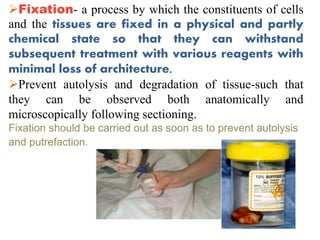 Fixation- a process by which the constituents of cells
and the tissues are fixed in a physical and partly
chemical state so that they can withstand
subsequent treatment with various reagents with
minimal loss of architecture.
Prevent autolysis and degradation of tissue-such that
they can be observed both anatomically and
microscopically following sectioning.
Fixation should be carried out as soon as to prevent autolysis
and putrefaction.
 