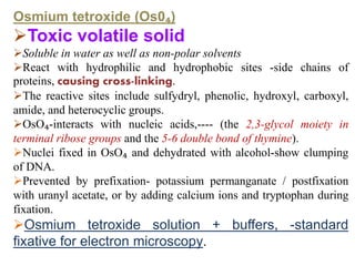 Osmium tetroxide (Os0₄)
Toxic volatile solid
Soluble in water as well as non-polar solvents
React with hydrophilic and hydrophobic sites -side chains of
proteins, causing cross-linking.
The reactive sites include sulfydryl, phenolic, hydroxyl, carboxyl,
amide, and heterocyclic groups.
OsO₄-interacts with nucleic acids,---- (the 2,3-glycol moiety in
terminal ribose groups and the 5-6 double bond of thymine).
Nuclei fixed in OsO₄ and dehydrated with alcohol-show clumping
of DNA.
Prevented by prefixation- potassium permanganate / postfixation
with uranyl acetate, or by adding calcium ions and tryptophan during
fixation.
Osmium tetroxide solution + buffers, -standard
fixative for electron microscopy.
 