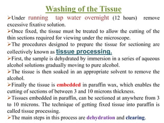 Washing of the Tissue
Under running tap water overnight (12 hours) remove
excessive fixative solution.
Once fixed, the tissue must be treated to allow the cutting of the
thin sections required for viewing under the microscope.
The procedures designed to prepare the tissue for sectioning are
collectively known as tissue processing.
First, the sample is dehydrated by immersion in a series of aqueous
alcohol solutions gradually moving to pure alcohol.
The tissue is then soaked in an appropriate solvent to remove the
alcohol.
Finally the tissue is embedded in paraffin wax, which enables the
cutting of sections of between 3 and 10 microns thickness.
Tissues embedded in paraffin, can be sectioned at anywhere from 3
to 10 microns. The technique of getting fixed tissue into paraffin is
called tissue processing.
The main steps in this process are dehydration and clearing.
 