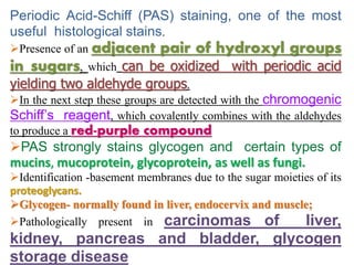 Periodic Acid-Schiff (PAS) staining, one of the most
useful histological stains.
Presence of an adjacent pair of hydroxyl groups
in sugars, which can be oxidized with periodic acid
yielding two aldehyde groups.
In the next step these groups are detected with the chromogenic
Schiff’s reagent, which covalently combines with the aldehydes
to produce a red-purple compound
PAS strongly stains glycogen and certain types of
mucins, mucoprotein, glycoprotein, as well as fungi.
Identification -basement membranes due to the sugar moieties of its
proteoglycans.
Glycogen- normally found in liver, endocervix and muscle;
Pathologically present in carcinomas of liver,
kidney, pancreas and bladder, glycogen
storage disease
 