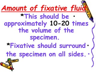 Amount of fixative fluid:
•
*This should be
approximately 10-20 times
the volume of the
specimen.
•
*Fixative should surround
•
the specimen on all sides.
•
 