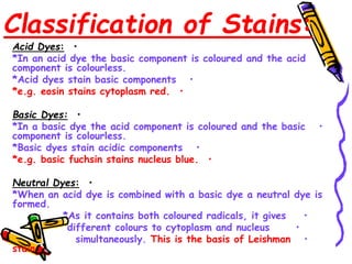 Classification of Stains:
•
Acid Dyes:
•
*In an acid dye the basic component is coloured and the acid
component is colourless.
•
*Acid dyes stain basic components
•
*e.g. eosin stains cytoplasm red.
•
Basic Dyes:
•
*In a basic dye the acid component is coloured and the basic
component is colourless.
•
*Basic dyes stain acidic components
•
*e.g. basic fuchsin stains nucleus blue.
•
Neutral Dyes:
•
*When an acid dye is combined with a basic dye a neutral dye is
formed.
•
*As it contains both coloured radicals, it gives
•
different colours to cytoplasm and nucleus
•
simultaneously. This is the basis of Leishman
stain.
 