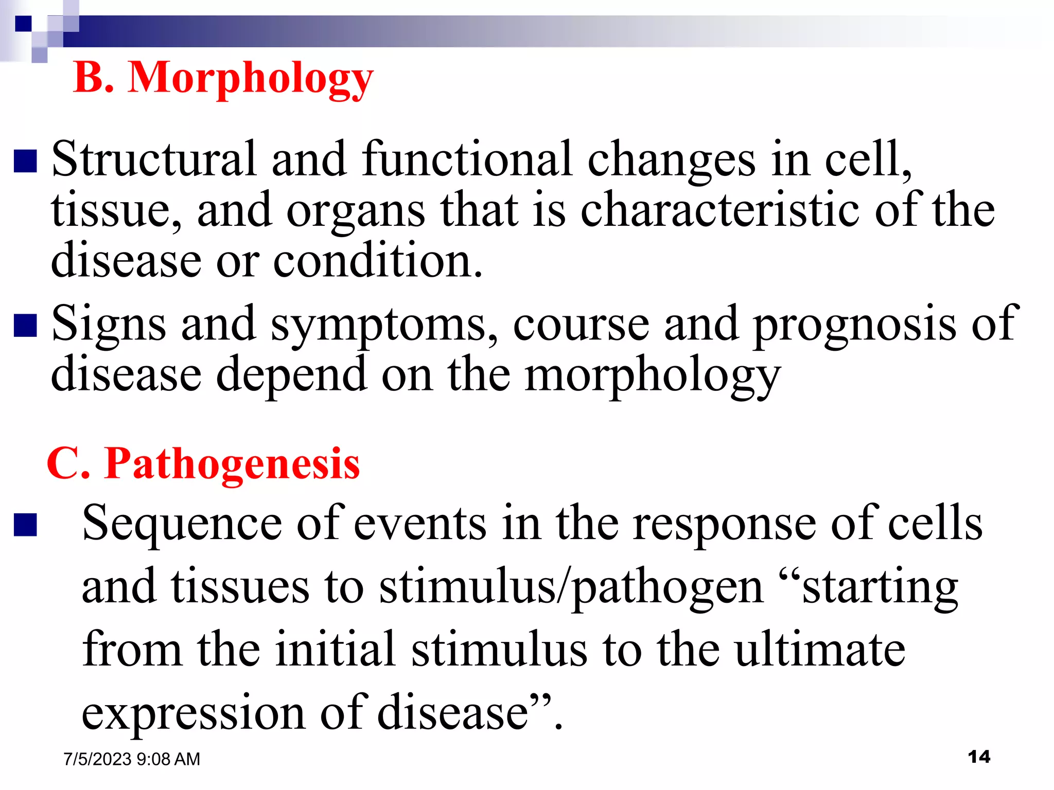 14
7/5/2023 9:08 AM
B. Morphology
 Structural and functional changes in cell,
tissue, and organs that is characteristic of the
disease or condition.
 Signs and symptoms, course and prognosis of
disease depend on the morphology
C. Pathogenesis
 Sequence of events in the response of cells
and tissues to stimulus/pathogen “starting
from the initial stimulus to the ultimate
expression of disease”.
 