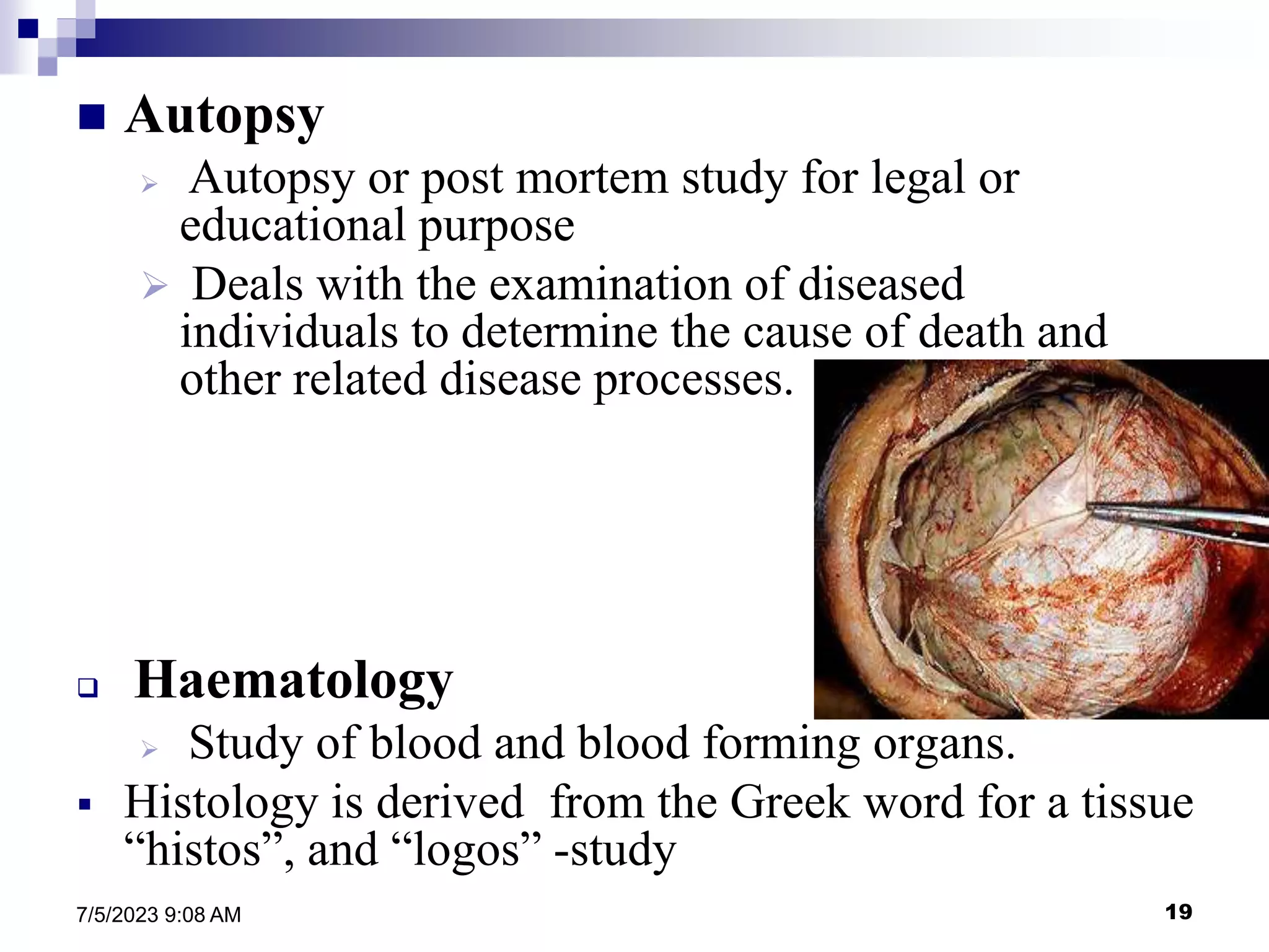 19
7/5/2023 9:08 AM
 Autopsy
 Autopsy or post mortem study for legal or
educational purpose
 Deals with the examination of diseased
individuals to determine the cause of death and
other related disease processes.
 Haematology
 Study of blood and blood forming organs.
 Histology is derived from the Greek word for a tissue
“histos”, and “logos” -study
 