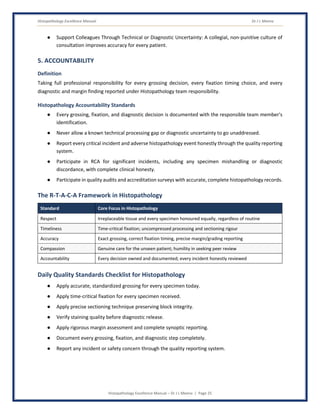 Histopathology Excellence Manual Dr J L Meena
Histopathology Excellence Manual – Dr J L Meena | Page 25
● Support Colleagues Through Technical or Diagnostic Uncertainty: A collegial, non-punitive culture of
consultation improves accuracy for every patient.
5. ACCOUNTABILITY
Definition
Taking full professional responsibility for every grossing decision, every fixation timing choice, and every
diagnostic and margin finding reported under Histopathology team responsibility.
Histopathology Accountability Standards
● Every grossing, fixation, and diagnostic decision is documented with the responsible team member's
identification.
● Never allow a known technical processing gap or diagnostic uncertainty to go unaddressed.
● Report every critical incident and adverse histopathology event honestly through the quality reporting
system.
● Participate in RCA for significant incidents, including any specimen mishandling or diagnostic
discordance, with complete clinical honesty.
● Participate in quality audits and accreditation surveys with accurate, complete histopathology records.
The R-T-A-C-A Framework in Histopathology
Standard Core Focus in Histopathology
Respect Irreplaceable tissue and every specimen honoured equally, regardless of routine
Timeliness Time-critical fixation; uncompressed processing and sectioning rigour
Accuracy Exact grossing, correct fixation timing, precise margin/grading reporting
Compassion Genuine care for the unseen patient; humility in seeking peer review
Accountability Every decision owned and documented; every incident honestly reviewed
Daily Quality Standards Checklist for Histopathology
● Apply accurate, standardized grossing for every specimen today.
● Apply time-critical fixation for every specimen received.
● Apply precise sectioning technique preserving block integrity.
● Verify staining quality before diagnostic release.
● Apply rigorous margin assessment and complete synoptic reporting.
● Document every grossing, fixation, and diagnostic step completely.
● Report any incident or safety concern through the quality reporting system.
 