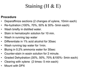 Staining (H & E)
Procedure
• Deparaffinize sections (2 changes of xylene, 10min each)
• Re-hydration (100%, 70%, 50% & 30%- 5min each)
• Wash briefly in distilled water.
• Stain in hematoxylin solution for 10 min.
• Wash in running tap water
• Differentiate in 1% acid alcohol for 30sec
• Wash running tap water for 1min.
• Bluing in 0.2% ammonia water for 30sec
• Counter-stain in eosin solution for 2 minute.
• Graded Dehydration (30%, 50%, 70% &100%- 5min each)
• Clearing with xylene (2 times- 5 min each)
• Mount with DPX
 