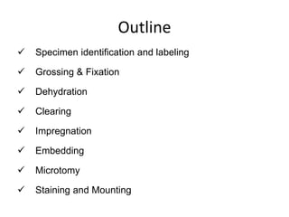 Specimen identification and labeling
 Grossing & Fixation
 Dehydration
 Clearing
 Impregnation
 Embedding
 Microtomy
 Staining and Mounting
Outline
 