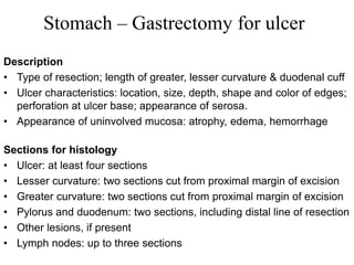 Stomach – Gastrectomy for ulcer
Description
• Type of resection; length of greater, lesser curvature & duodenal cuff
• Ulcer characteristics: location, size, depth, shape and color of edges;
perforation at ulcer base; appearance of serosa.
• Appearance of uninvolved mucosa: atrophy, edema, hemorrhage
Sections for histology
• Ulcer: at least four sections
• Lesser curvature: two sections cut from proximal margin of excision
• Greater curvature: two sections cut from proximal margin of excision
• Pylorus and duodenum: two sections, including distal line of resection
• Other lesions, if present
• Lymph nodes: up to three sections
 